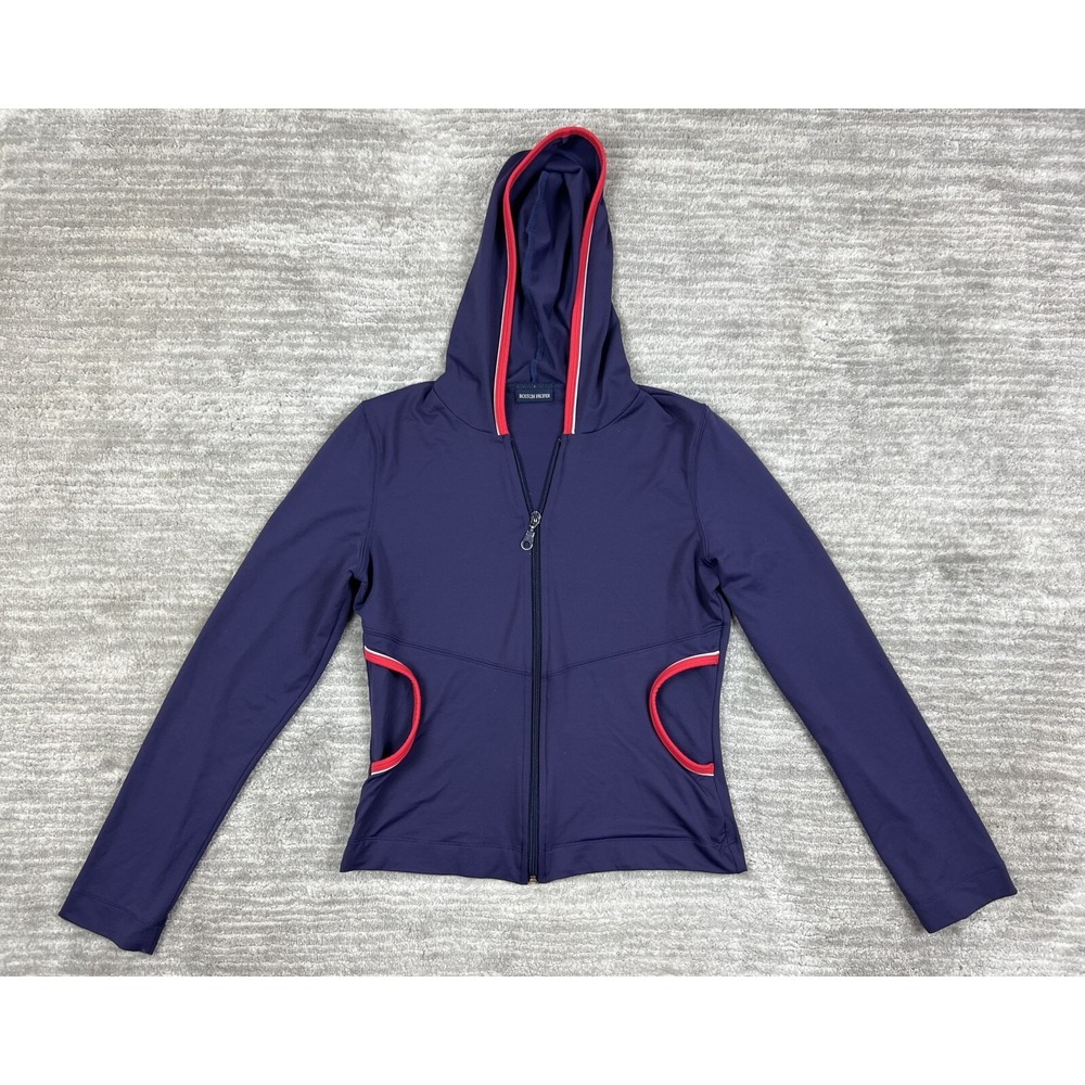 Boston Proper Hoodie Women XS Navy Blue Full Zip Contrast Trim Activewear Jacket